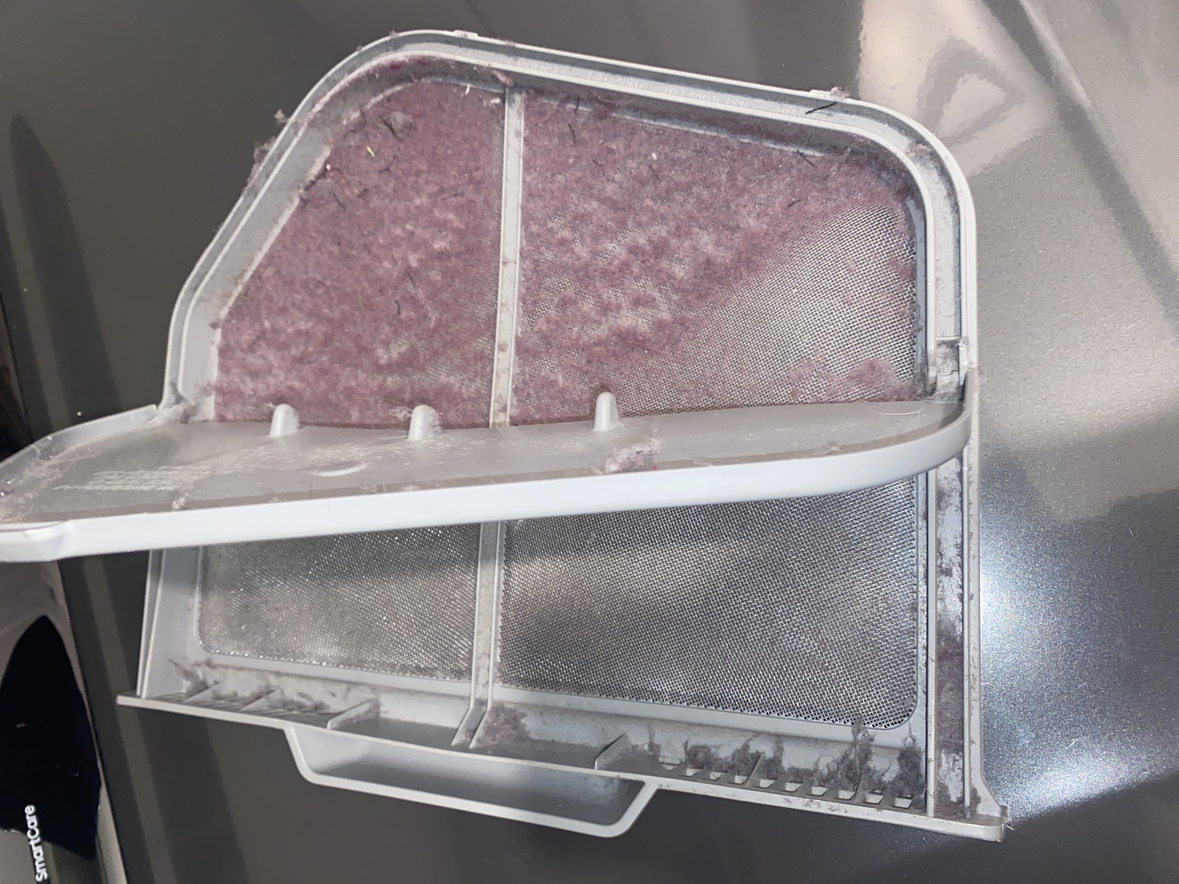 Dryer lint screen covered with dust and lint before cleaning, North Naples, FL